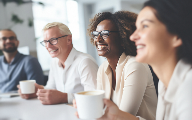 Row of people at desk smiling