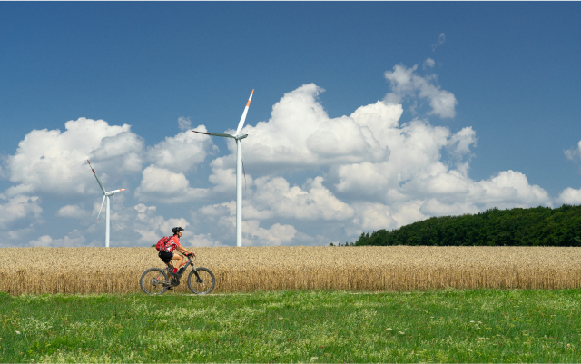 Person on bicycle cycling past wind farm