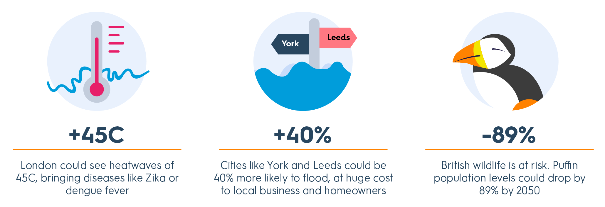 London could see heatwaves of forty eight degrees celsius, bringing diseases like Zika or Dengue Fever. Cities like York and Leeds could be forty per cent more likely to flood, at huge cost to local business and homeowners. British wildlife is at risk. Puffin population levels could drop by 89% by 2050.