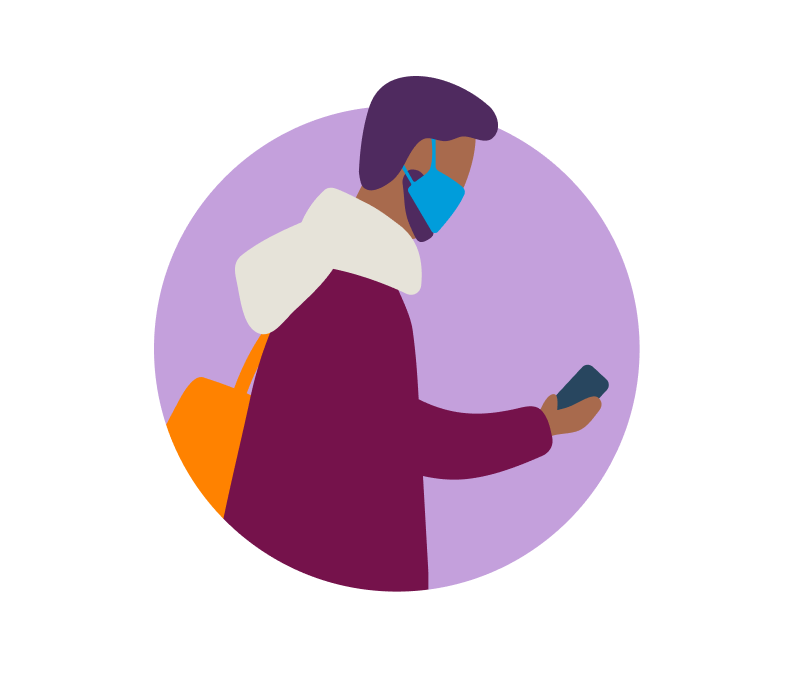 Illustration of man with mask on, looking at mobile phone