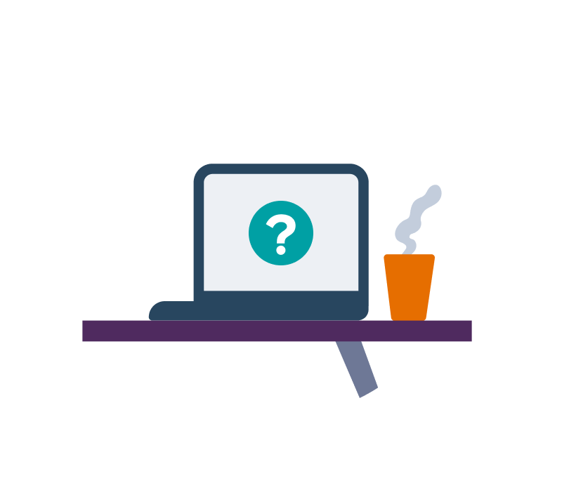 icon showing laptop screen with a green question and a coffee cup on a white circle background