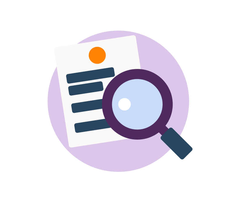 icon showing a white sheet of paper with a purple rimmed magnifying glass on a lilac circle background
