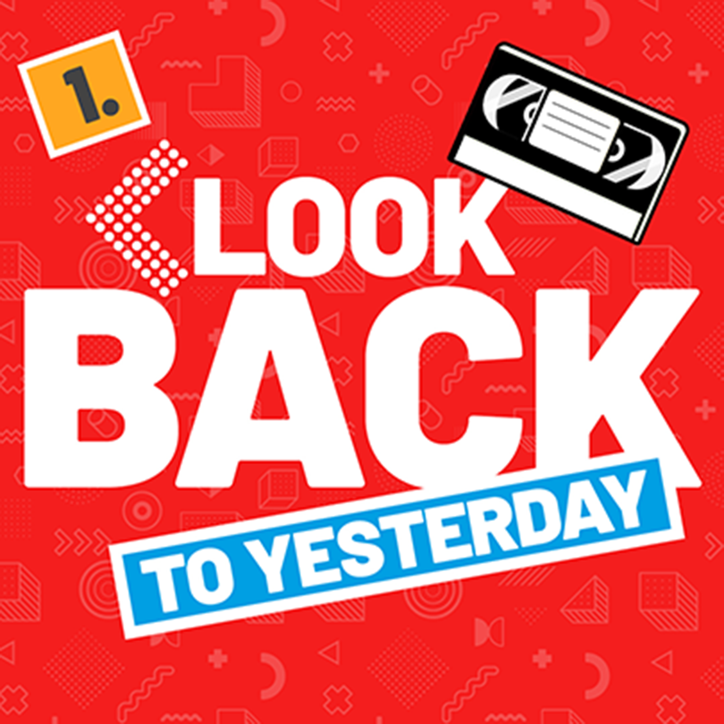 Retro red graphic containing white and blue look back to yesterday text and an illustration of a cassette tape