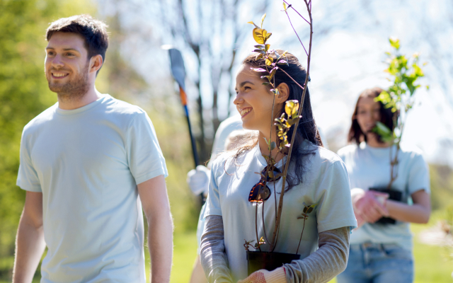 People walking carrying plants