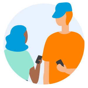 Icon of man and woman standing together on mobile phones