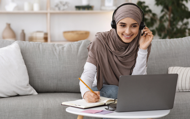 Woman with headset on