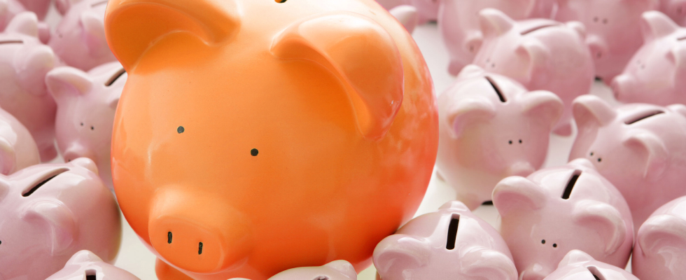 Orange piggy bank surrounded by mini piggy banks