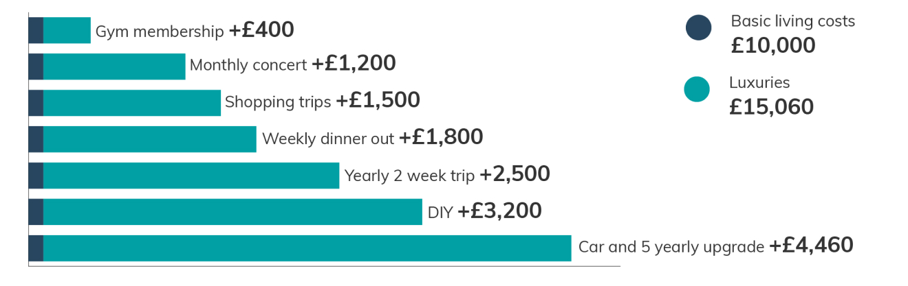 Graph showing basic living costs and luxuries, for gym membership, monthly concert, shopping trips, weekly dinner out, yearly trips, DIY, car expenses